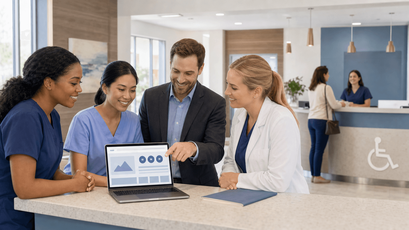 Modern hospital website on a laptop beside a stethoscope, with a blue-and-white interface on a clean desk
