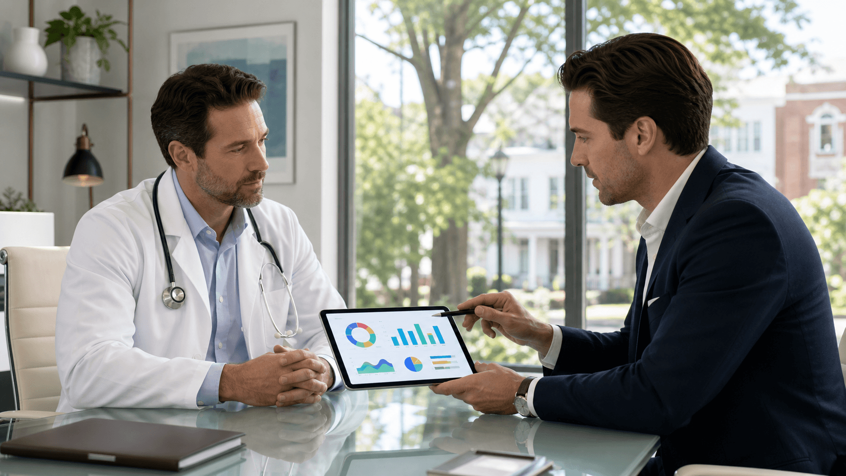 Doctor in a white coat reviews digital ads and question icons on a laptop against a blue Alabama map backdrop.