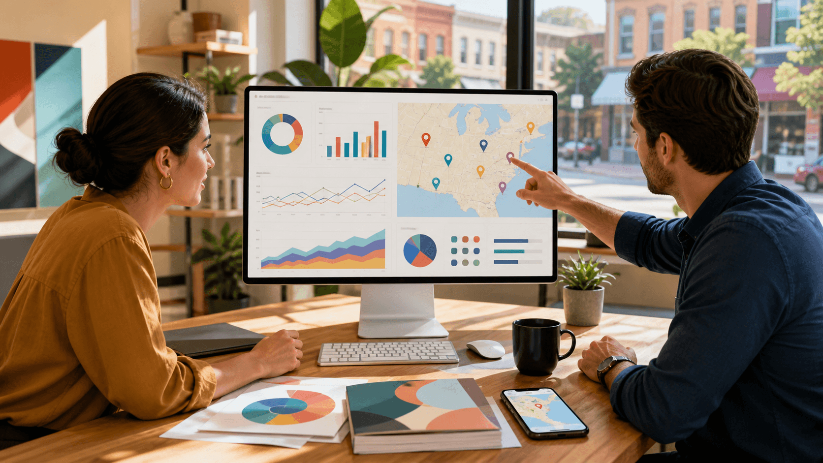 Blue analytics dashboard with map pins, location markers, and glowing charts on a dark background