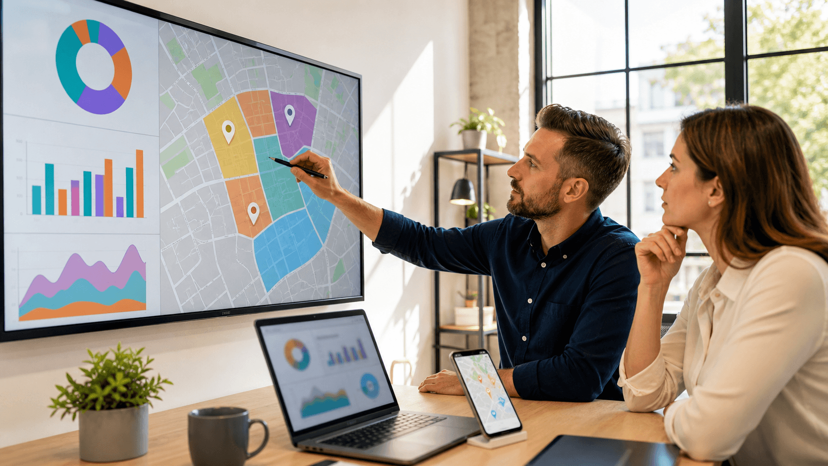 A magnifying glass over a map pin and search bar on a blue dashboard with red PPC chart lines and location icons.