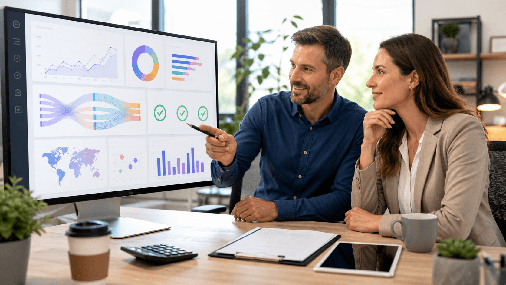 Blue analytics dashboard with checklist, magnifying glass, and glowing audit charts on a dark background
