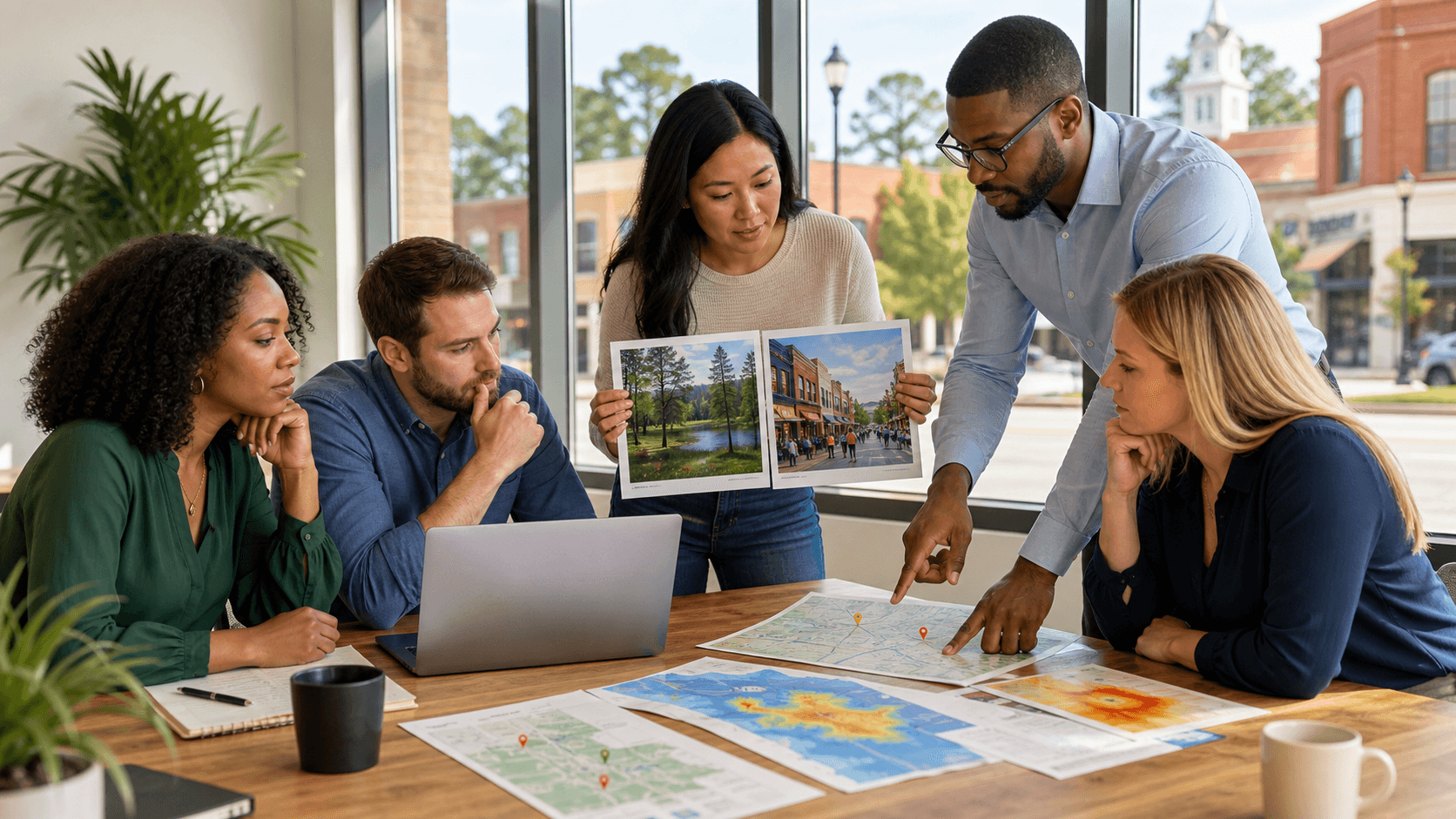 Split-screen illustration of a stylized Alabama map beside a generic city skyline, in blue and orange tones.